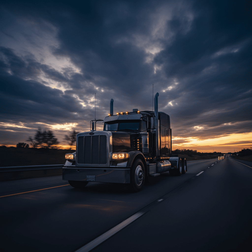 Tractor-trailer moving at speed on interstate highway for expedited delivery