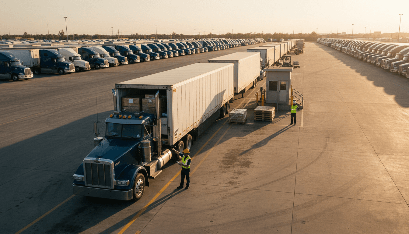 Professional freight logistics yard with organized trucks and active loading dock operations